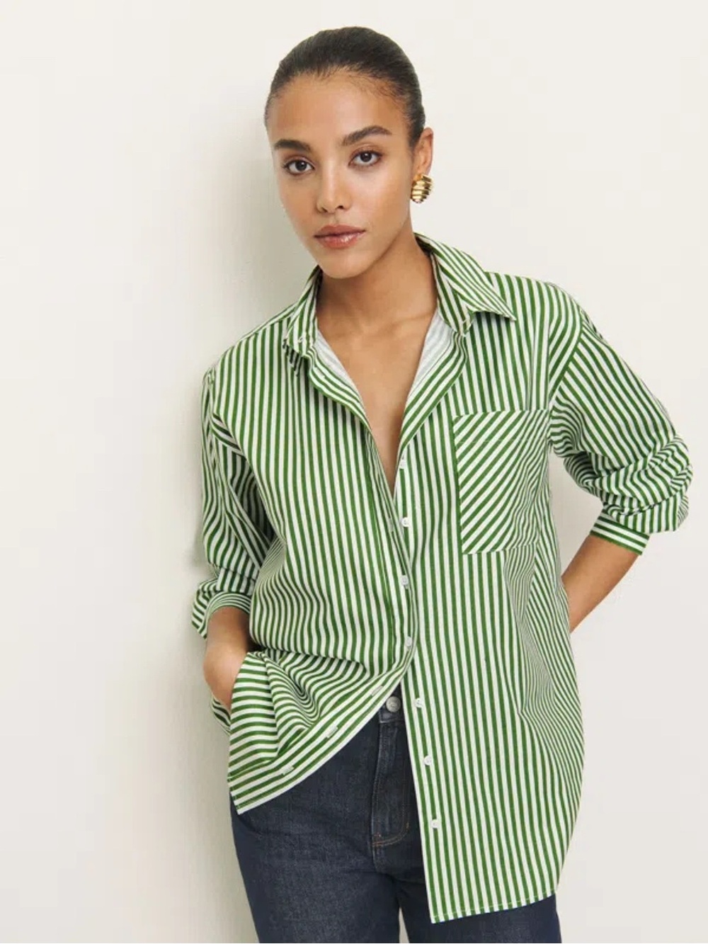 Reformation Green and White Striped Button-Down Shirt